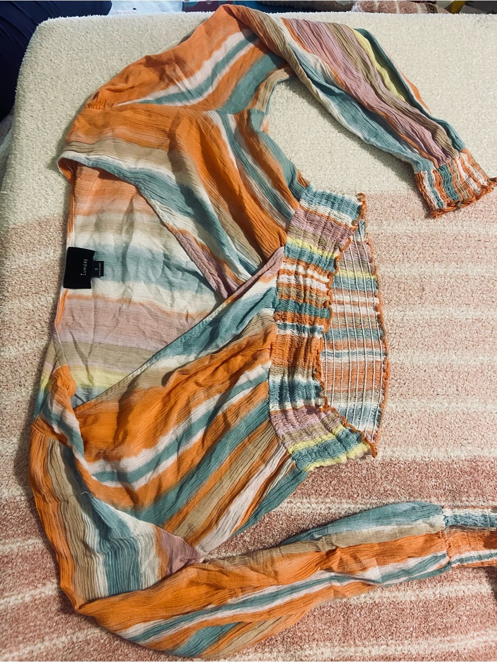 Lumiere Striped Smocked Crop Top in Orange, Teal, Pink & Cream
